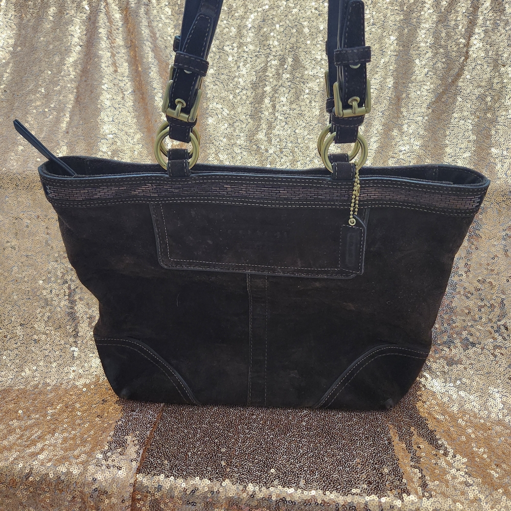 Coach Brown Suede Bead Embellished Logo Tote Bag